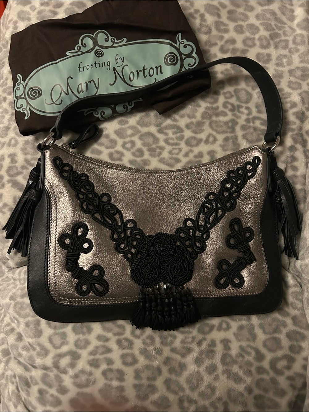 Frosting by Mary Norton Metallic Silver & Black Embellished Shoulder Bag